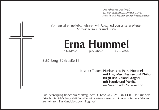 Traueranzeige von Erna Hummel von Pegnitz-Zeitung