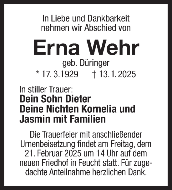 Traueranzeige von Erna Wehr von Der Bote