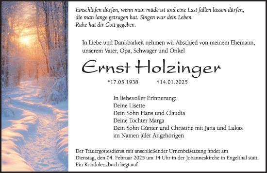Traueranzeige von Ernst Holzinger von Hersbrucker Zeitung Lokal