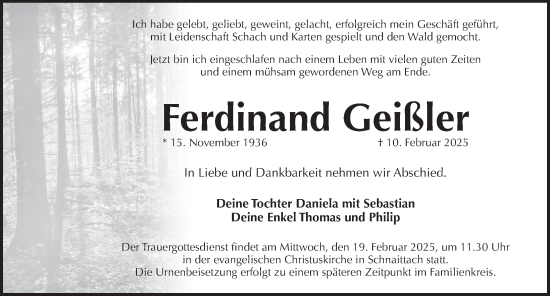 Traueranzeige von Ferdinand Geißler von Pegnitz-Zeitung