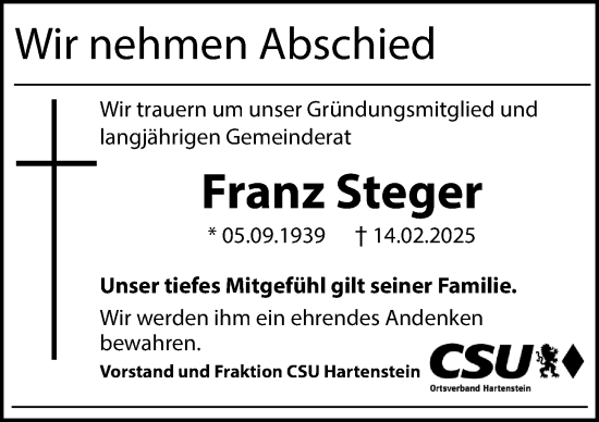 Traueranzeige von Franz Steger von Hersbrucker Zeitung Lokal