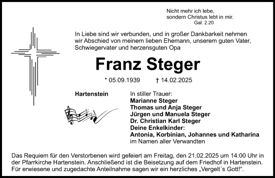 Traueranzeige von Franz Steger von Hersbrucker Zeitung Lokal