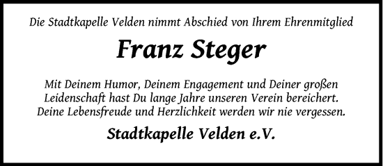 Traueranzeige von Franz Steger von Hersbrucker Zeitung Lokal