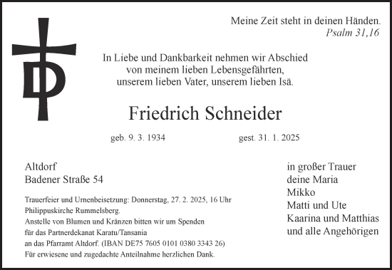 Traueranzeige von Friedrich Schneider von Der Bote