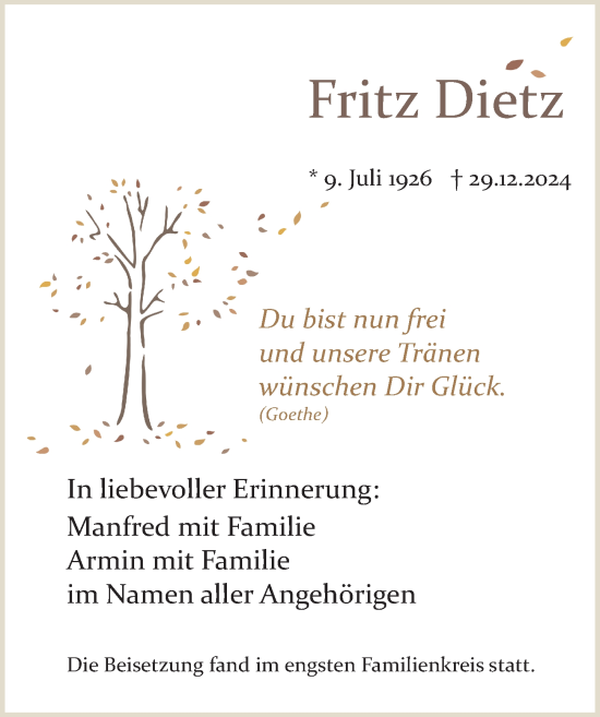Traueranzeige von Fritz Dietz von Der Bote