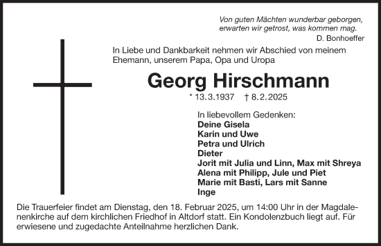 Traueranzeige von Georg Hirschmann von Der Bote