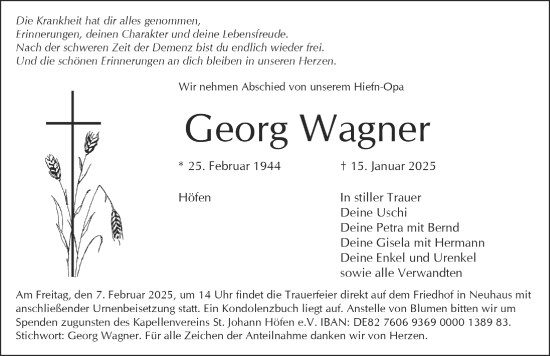 Traueranzeige von Georg Wagner von Hersbrucker Zeitung Lokal