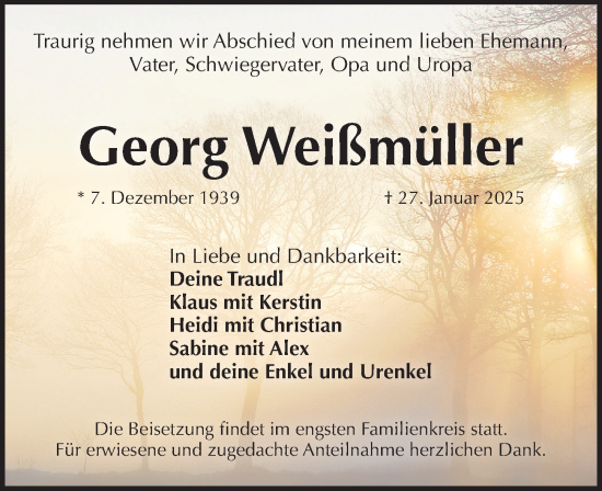 Traueranzeige von Georg Weißmüller von Pegnitz-Zeitung
