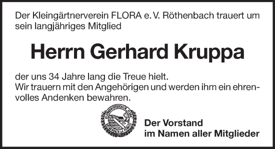 Traueranzeige von Gerhard Kruppa von Pegnitz-Zeitung