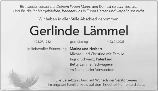 Traueranzeige von Gerlinde Lämmel von Hersbrucker Zeitung Lokal