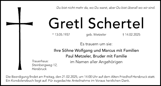 Traueranzeige von Gretl Schertel von Hersbrucker Zeitung Lokal