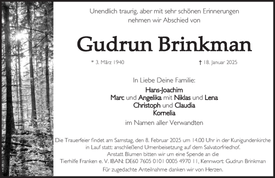 Traueranzeige von Gudrun Brinkman von Pegnitz-Zeitung