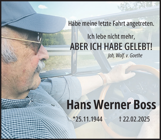 Traueranzeige von Hans Werner Boss von Hersbrucker Zeitung Lokal