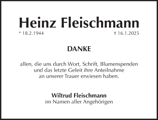 Traueranzeige von Heinz Fleischmann von Pegnitz-Zeitung