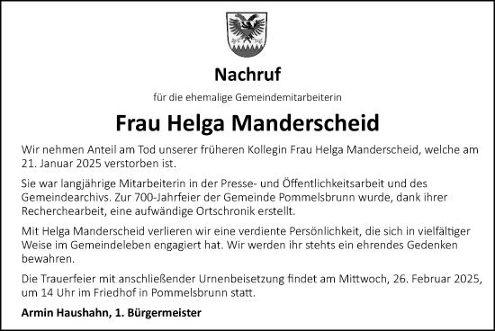 Traueranzeige von Helga Manderscheid von Hersbrucker Zeitung Lokal