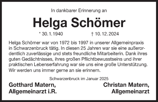 Traueranzeige von Helga Schömer von Der Bote