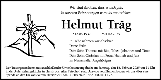 Traueranzeige von Helmut Träg von Hersbrucker Zeitung Lokal