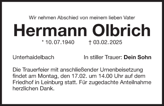 Traueranzeige von Hermann Olbrich von Der Bote