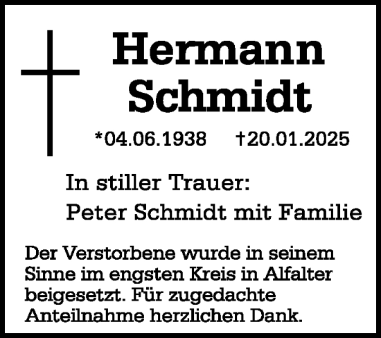 Traueranzeige von Hermann Schmidt von Hersbrucker Zeitung Lokal