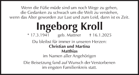 Traueranzeige von Ingeborg Kroll von Pegnitz-Zeitung