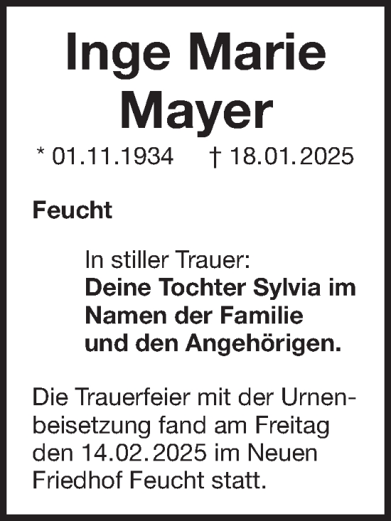 Traueranzeige von Inge Marie Mayer von Der Bote