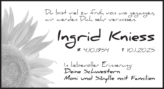 Traueranzeige von Ingrid Kniess von Pegnitz-Zeitung
