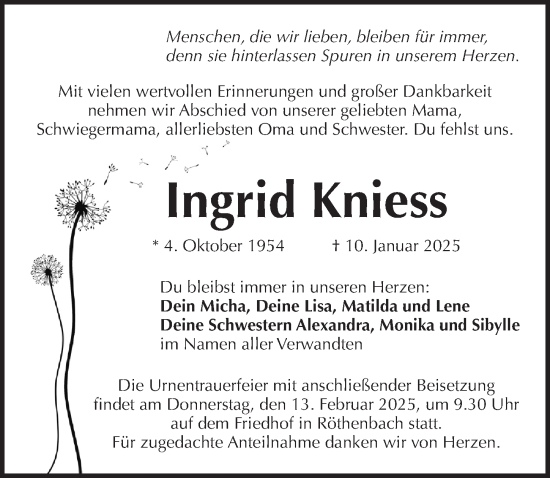 Traueranzeige von Ingrid Kniess von Pegnitz-Zeitung