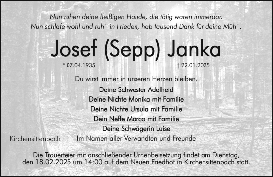 Traueranzeige von Josef Janka von Hersbrucker Zeitung Lokal