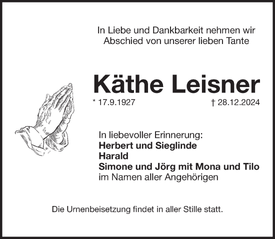 Traueranzeige von Käthe Leisner von Pegnitz-Zeitung