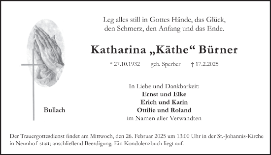 Traueranzeige von Katharina Bürner von Pegnitz-Zeitung