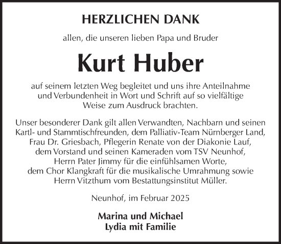 Traueranzeige von Kurt Huber von Pegnitz-Zeitung