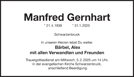 Traueranzeige von Manfred Gernhart von Der Bote