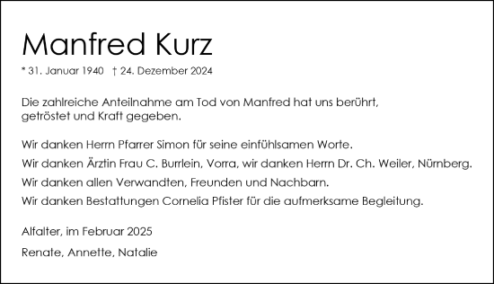 Traueranzeige von Manfred Kurz von Hersbrucker Zeitung Lokal