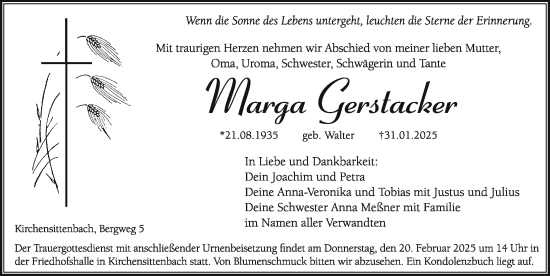 Traueranzeige von Marga Gerstacker von Hersbrucker Zeitung Lokal