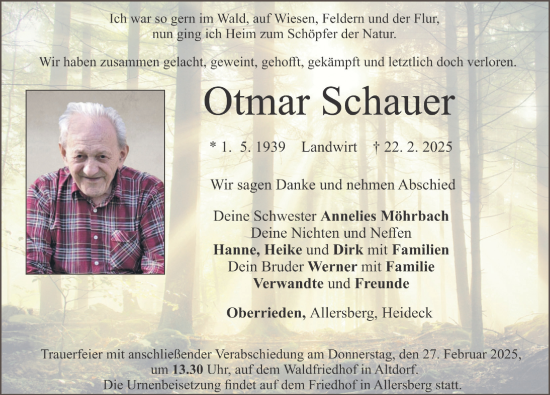 Traueranzeige von Otmar Schauer von Der Bote