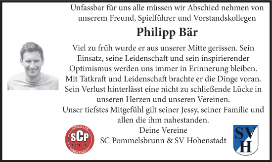 Traueranzeige von Philipp Bär von Hersbrucker Zeitung Lokal