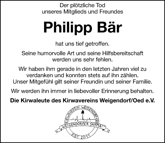 Traueranzeige von Philipp Bär von Hersbrucker Zeitung Lokal