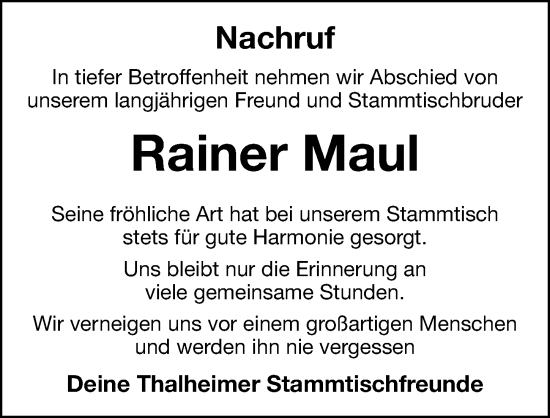 Traueranzeige von Rainer Maul von Hersbrucker Zeitung Lokal