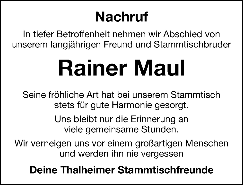  Traueranzeige für Rainer Maul vom 15.02.2025 aus Hersbrucker Zeitung Lokal
