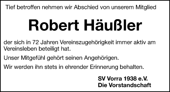 Traueranzeige von Robert Häußler von Hersbrucker Zeitung Lokal