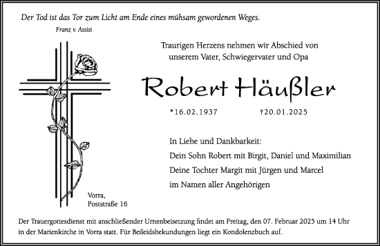 Traueranzeige von Robert Häußler von Hersbrucker Zeitung Lokal