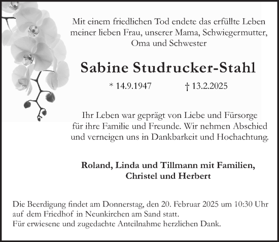Traueranzeige von Sabine Studrucker-Stahl von Pegnitz-Zeitung
