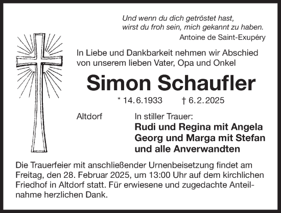 Traueranzeige von Simon Schaufler von Der Bote