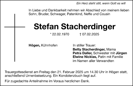 Traueranzeige von Stefan Stacherdinger von Hersbrucker Zeitung Lokal
