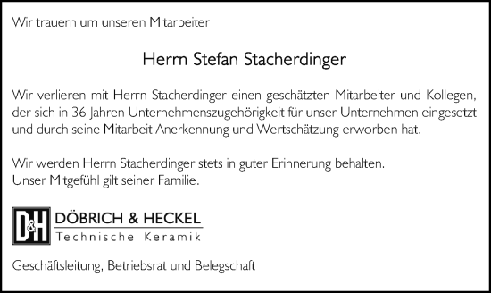 Traueranzeige von Stefan Stacherdinger von Hersbrucker Zeitung Lokal