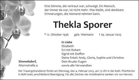 Traueranzeige von Thekla Sporer von Pegnitz-Zeitung