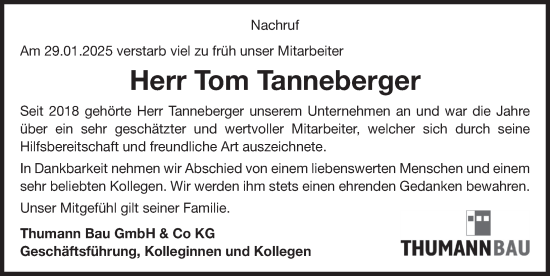 Traueranzeige von Tom Tanneberger von Der Bote