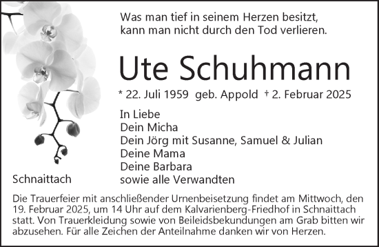 Traueranzeige von Ute Schuhmann von Pegnitz-Zeitung