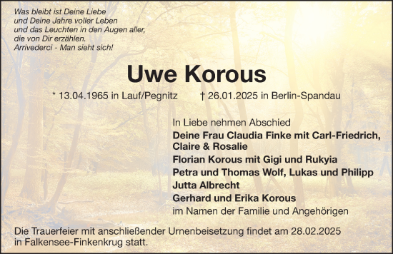 Traueranzeige von Uwe Korous von Hersbrucker Zeitung Lokal