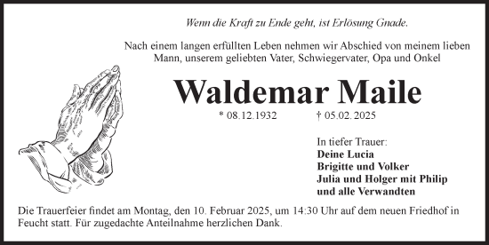 Traueranzeige von Waldemar Maile von Der Bote